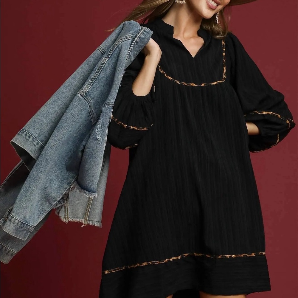New Umgee Black Dress with Leopard Trim Details XL